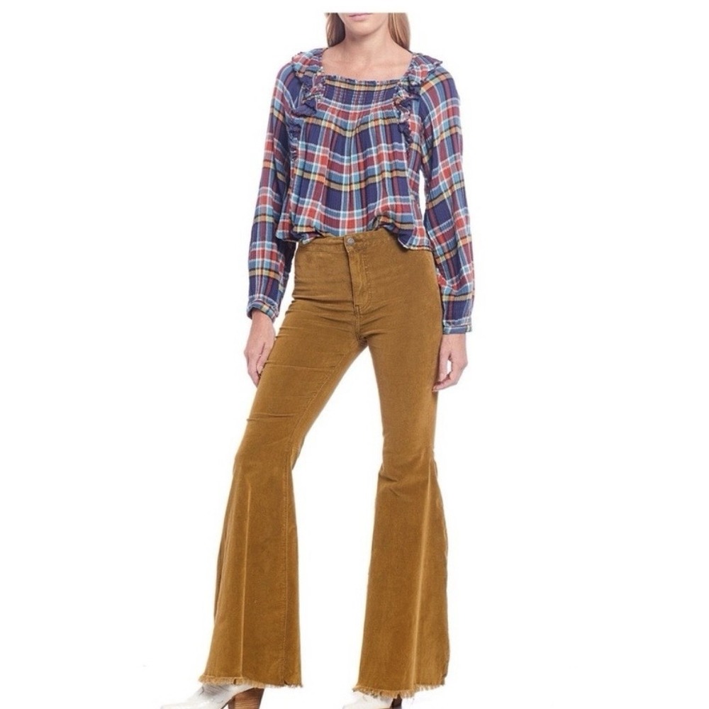 We the FREE PEOPLE New Siena Plaid Pullover TOP Small Babydoll Teal Country $118 - Picture 3 of 16
